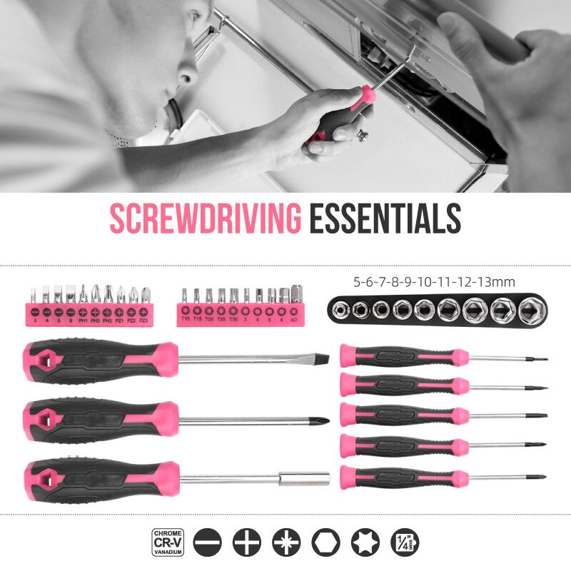 56-teiliges rosa Heim-Werkzeugset, grundlegende Handwerkzeuge, Box, Reparaturen, komplettes Werkzeugset für Frauen