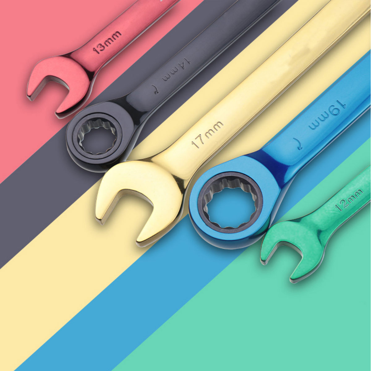 Farb-Ring-Maulschlüssel-Satz. Mehrzweck-Maulschlüssel, beweglicher Schraubenschlüssel, Handwerkzeuge
